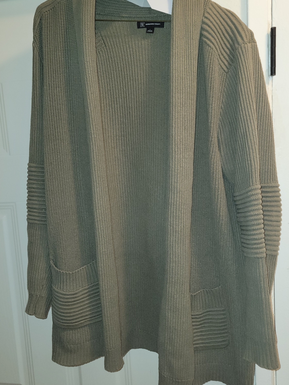 INC International Concepts Olive Open-Front Ribbed Cardigan